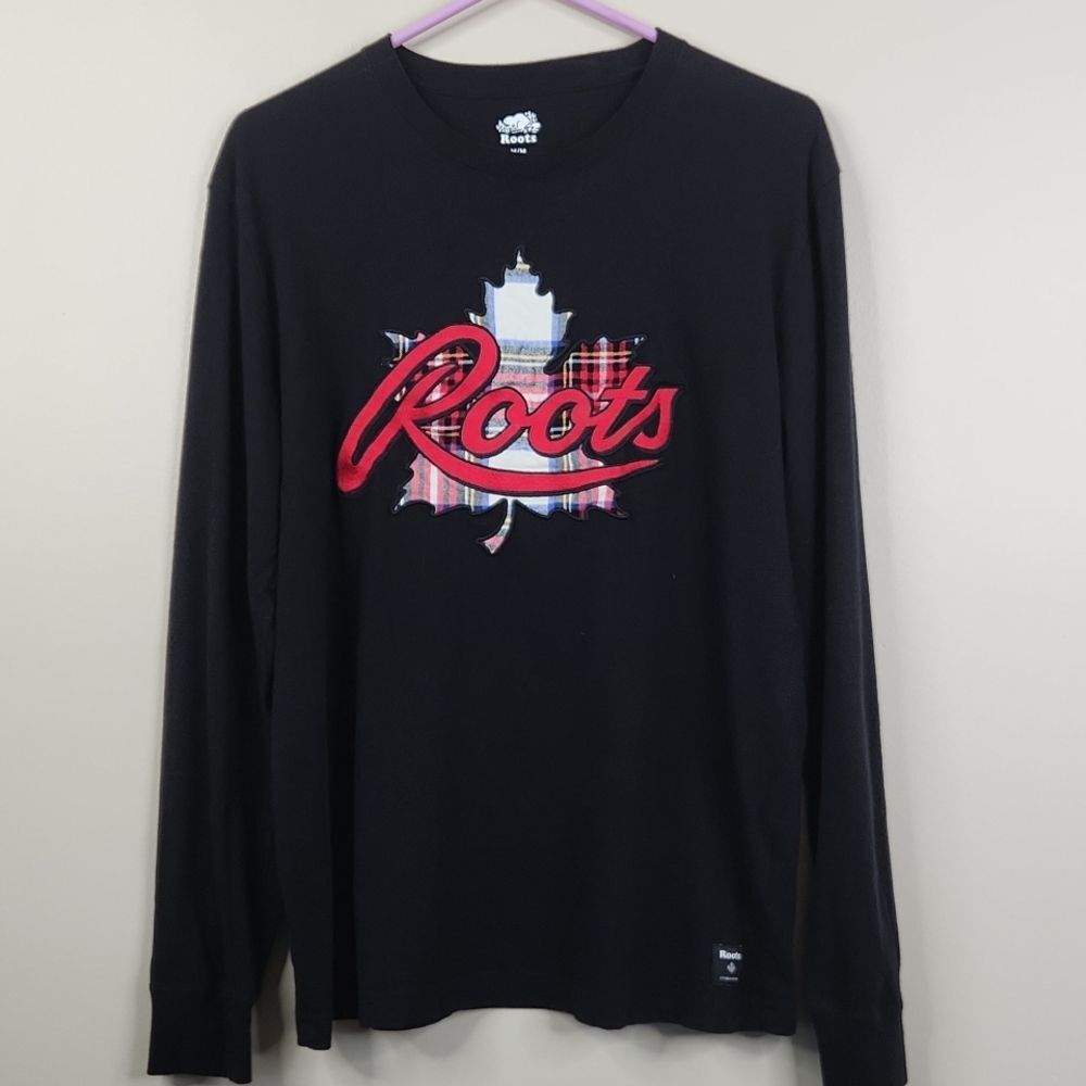 Roots Canada Plaid Maple Leaf Embroidered Stitch Long Sleeve Tee Medium